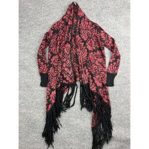 Fornia Wool Cardigan Women's S/M Black Pink Floral Fringe Waterfall Open Sweater
